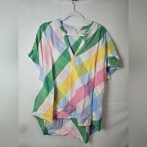 Crown & Ivy Multicolor Plaid Blouse Hi-Lo Size Large